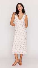 Cream Floral V-Neck Mesh Midi Dress