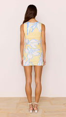 Yellow & Blue Floral Gathered Mesh Mini Dress