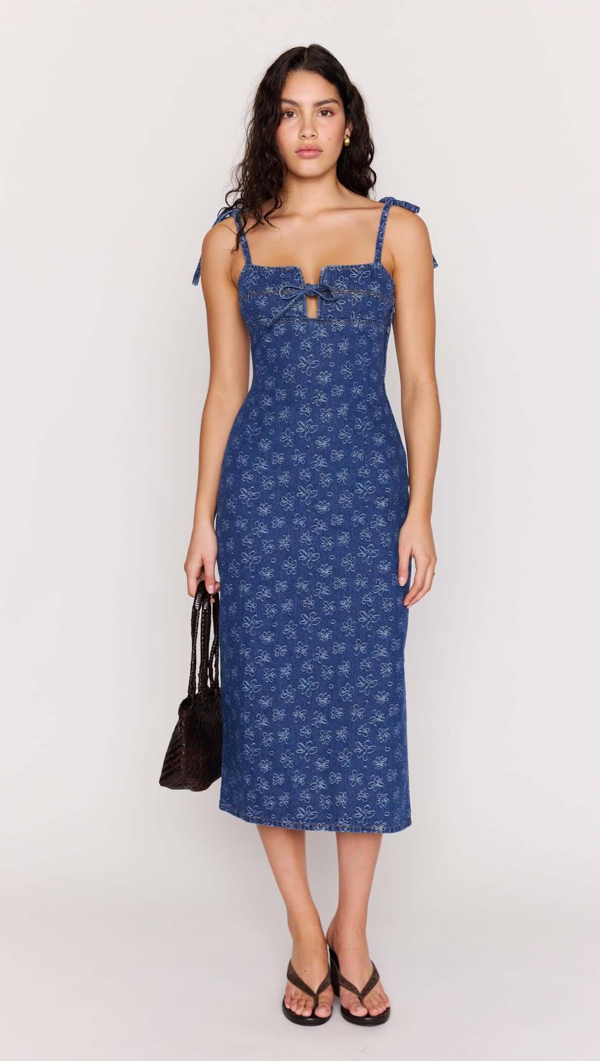 Floral Denim Stretch Midi Dress