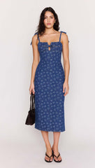 Floral Denim Stretch Midi Dress