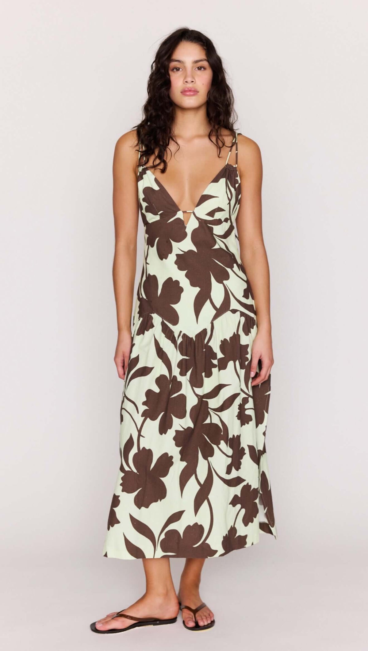 Mint Chocolate Cotton Floral Deep V Midi Dress