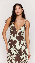 Mint Chocolate Cotton Floral Deep V Midi Dress