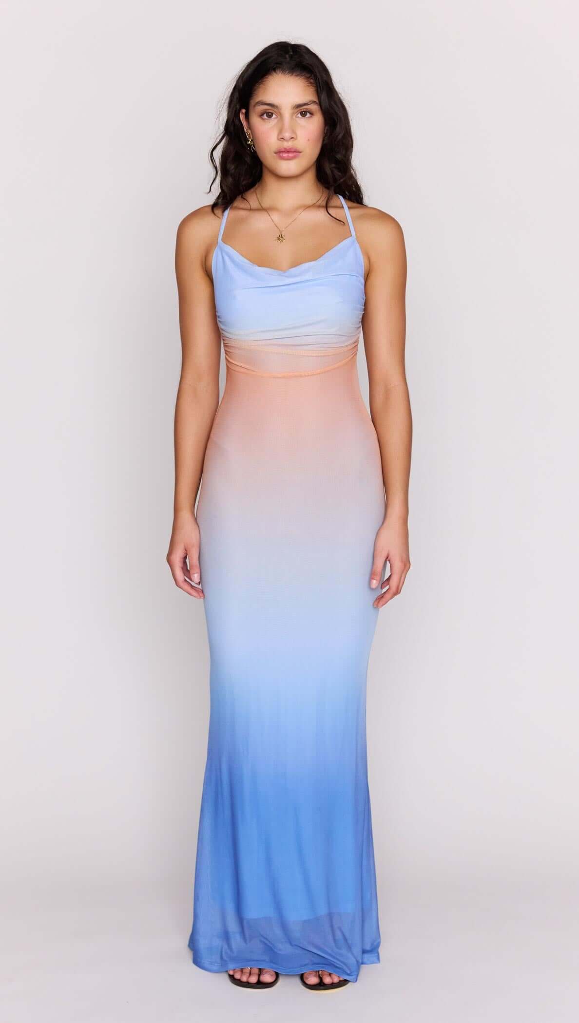 Ombre Cowl Neck Mesh Maxi Dress