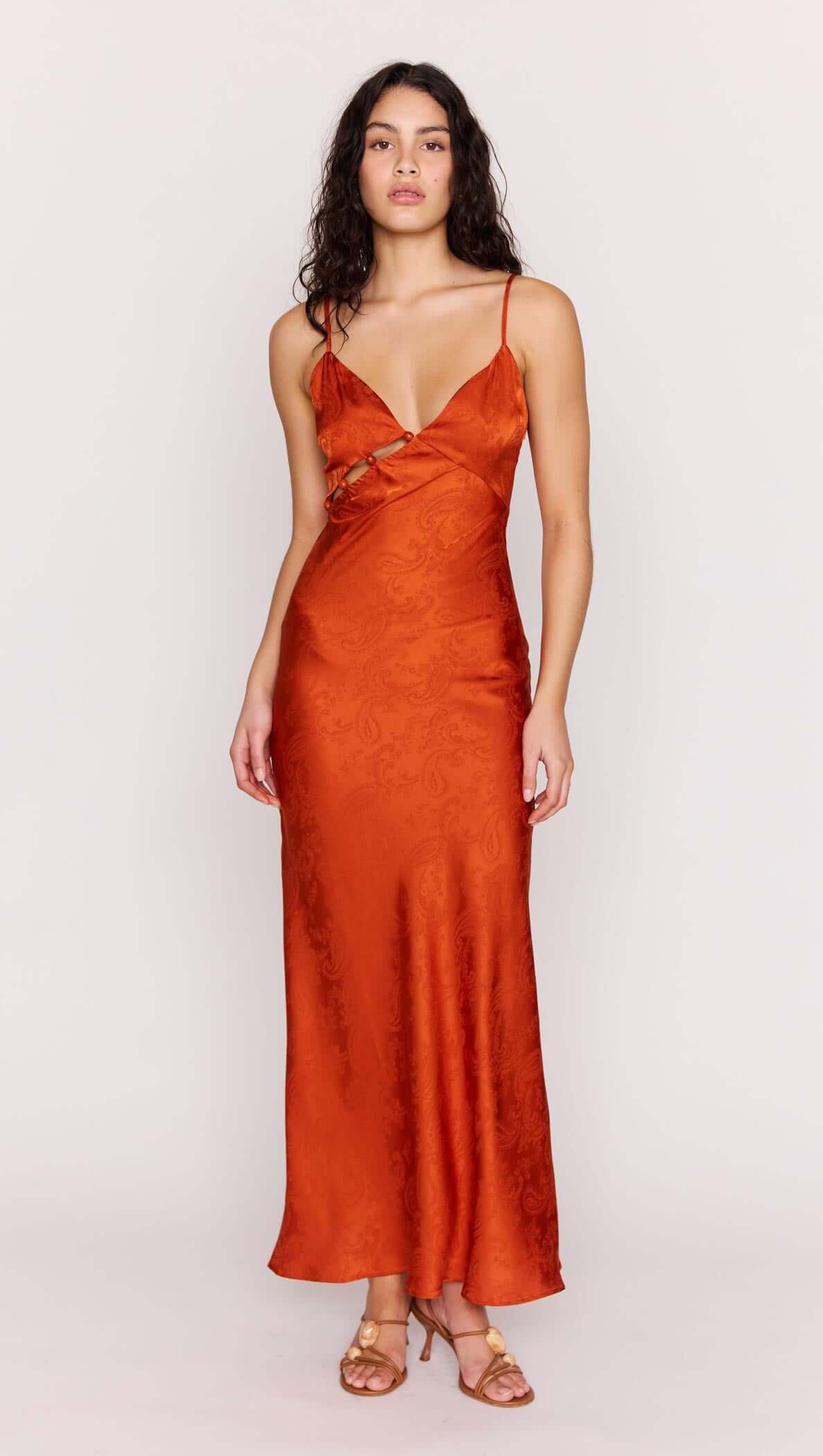 Orange Bead Detailed Satin Bias Midi Dress