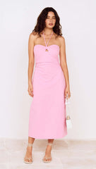 Pink Keyhole Detail Halter Neck Midi Dress