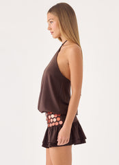 Melosa Beaded Halter Mini Dress - Chocolate