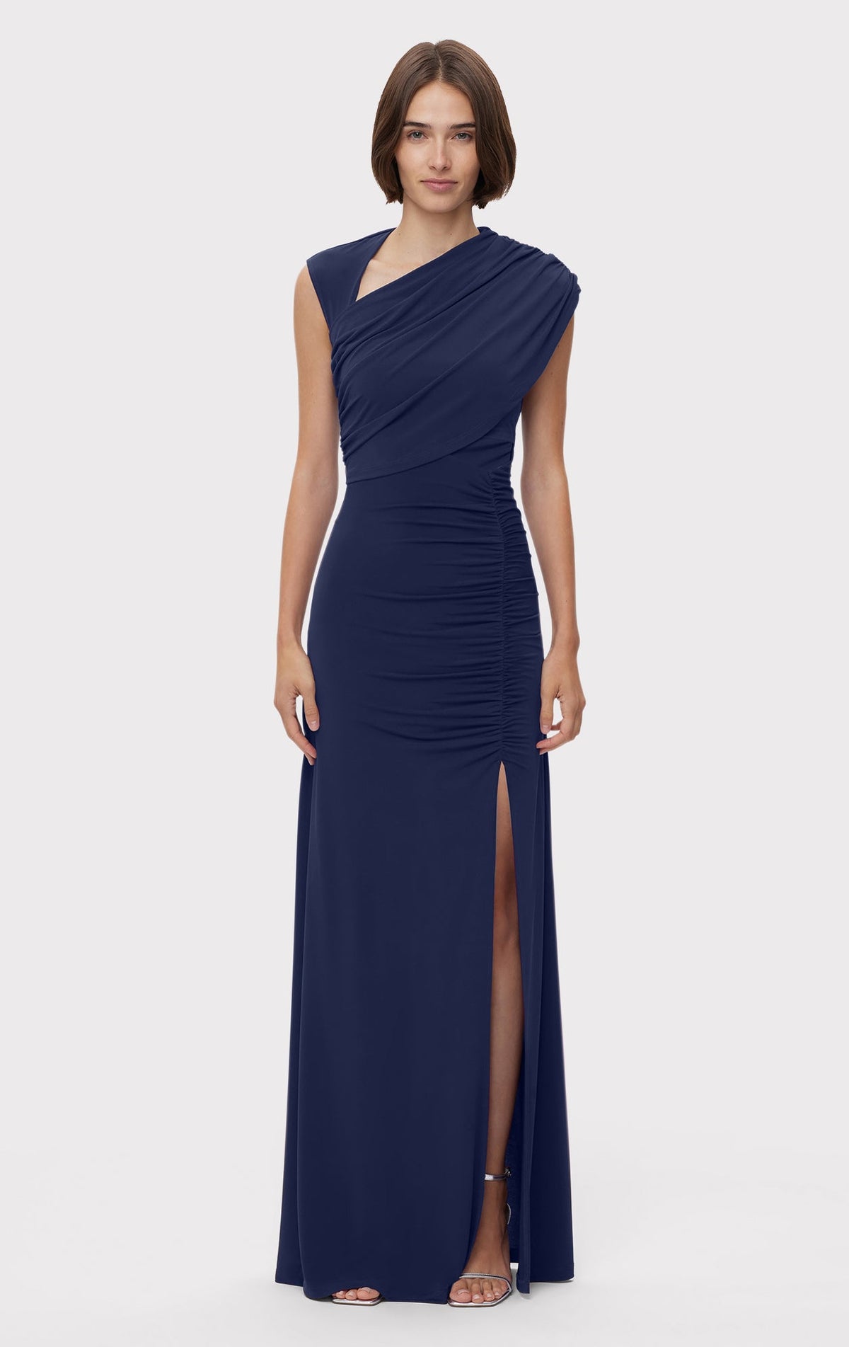 Ruched Matte Jersey S/L Draped Gown