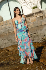 Coral Tiered Gown in Blue Multi