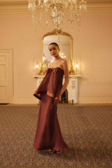 Rosera Satin Bow Maxi Dress in Chocolate Brown
