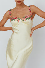 Rose Garden Floral Applique Midi Dress Yellow