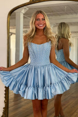 Sweet Pink A-Line Strapless Short Satin Homecoming Dress with Pearls