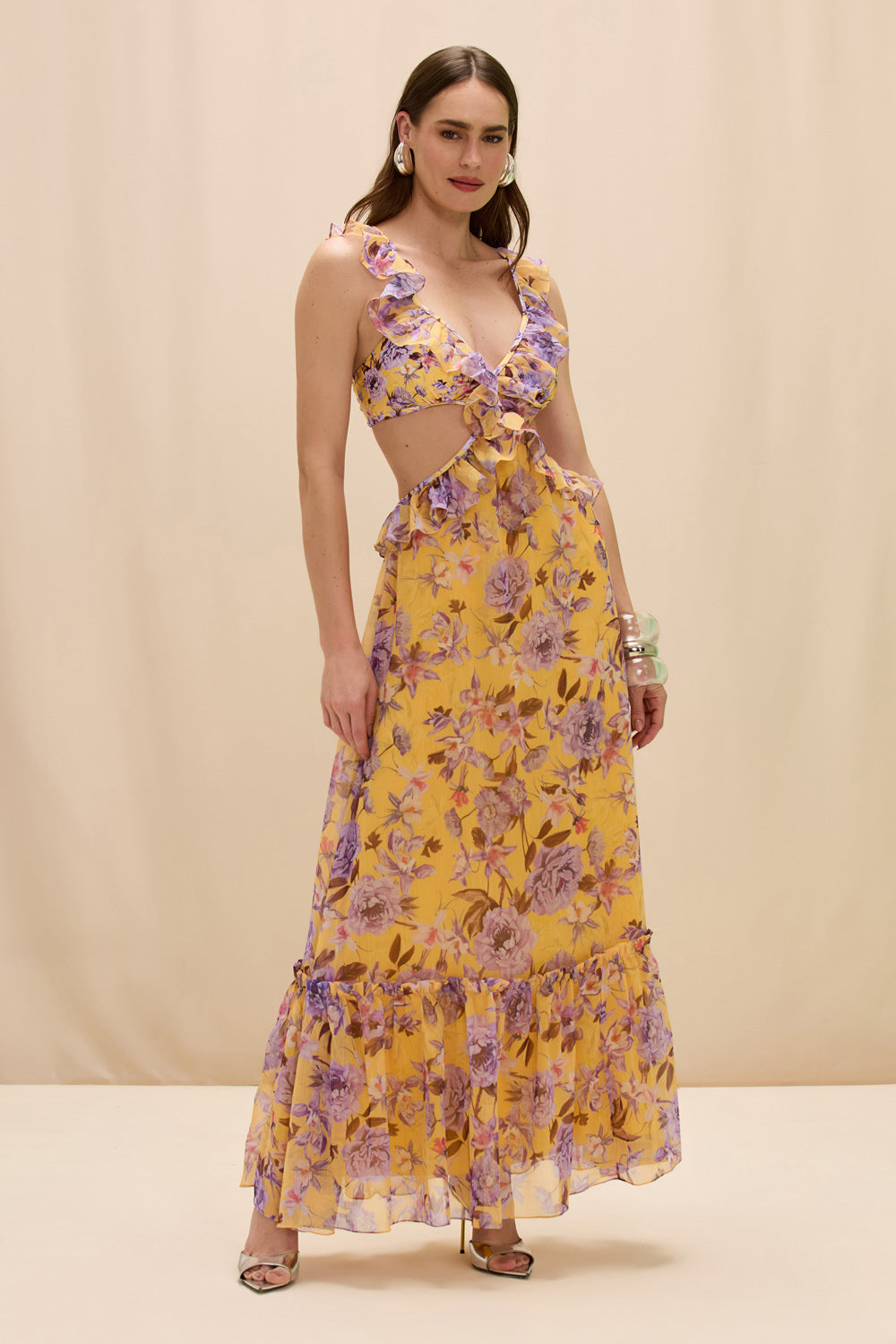 Peony Print Lycra Cut Out Maxi Dress