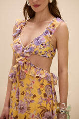 Peony Print Lycra Cut Out Maxi Dress