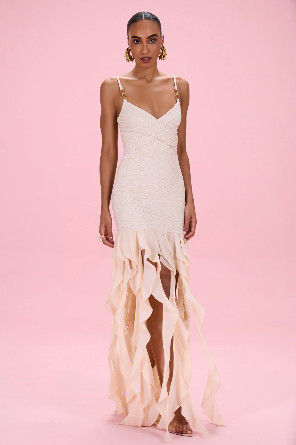 Golden Knit Chiffon Maxi Dress