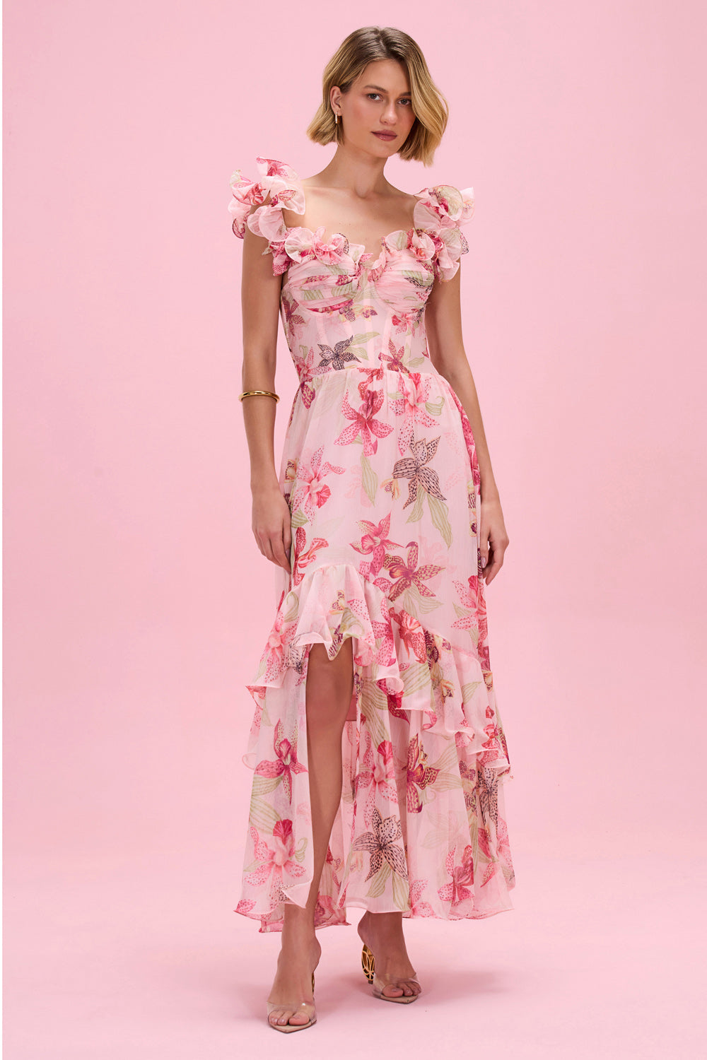 Orchid Bloom Chiffon Maxi Corset Dress