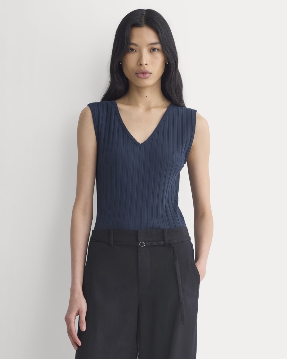 V-Neck Tank In Pointelle | Deep Navy