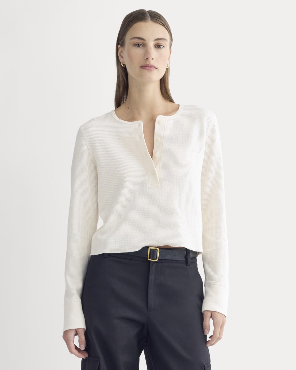 Boxy Henley In Cozy Waffle | Bone