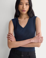 V-Neck Tank In Pointelle | Deep Navy