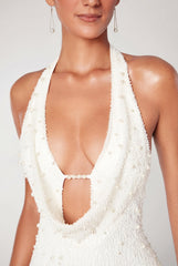 Deep Plunge Embellished Mini Dress in Snow